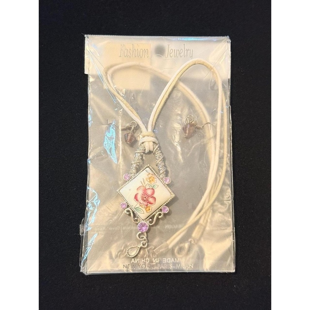 Purple Flower with Silver Accent Necklace & Earring Set with Dual Rope Chain